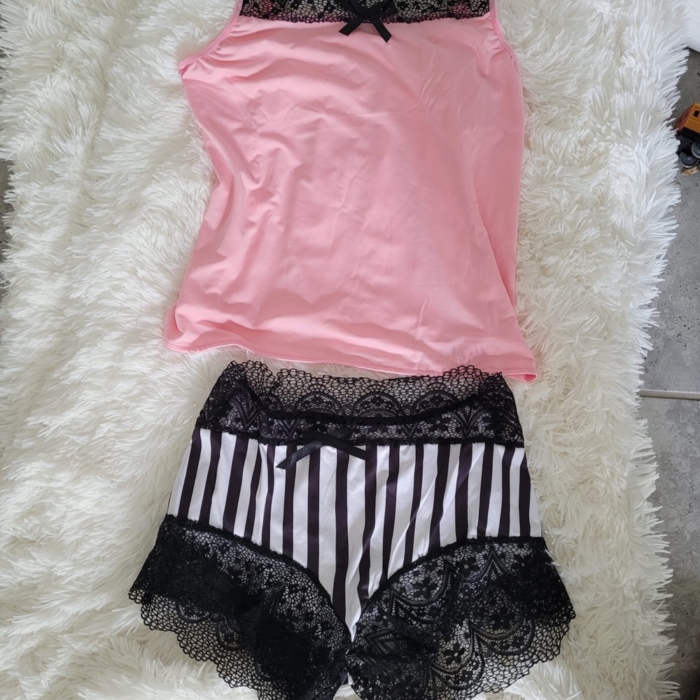 Strap Lace Pajama Set Sleeveless stripes print - Picture 3 of 4